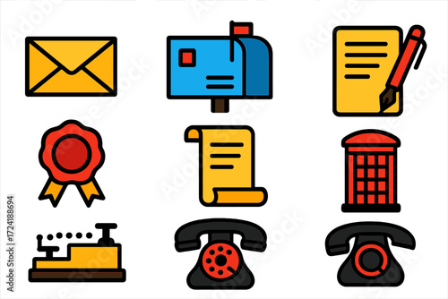 Traditional Communication Icons. Flat vector icons of traditional communication: envelope, postcard, mailbox, pen letter, wax seal