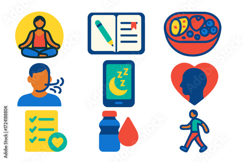 Wellness Flat Icons. Flat vector icons of wellness blog themes: yoga pose, morning journal, smoothie bowl, breathing exercise,