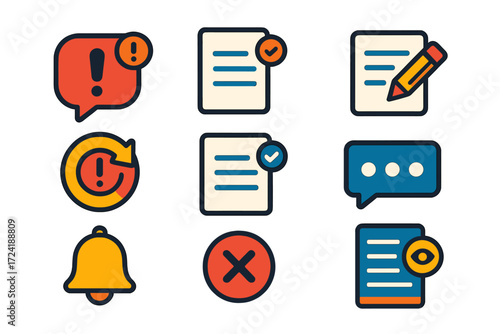 Flat Blog Icons. Flat vector icons of blog notifications: new comment alert, publish confirmation, draft saved, update alert,