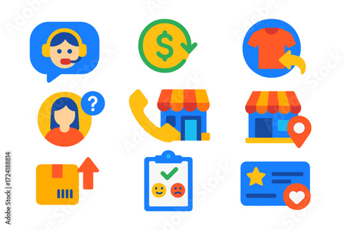 Customer Service Icons. Flat vector icons of shop customer service: chat support, refund icon, return process, help center,