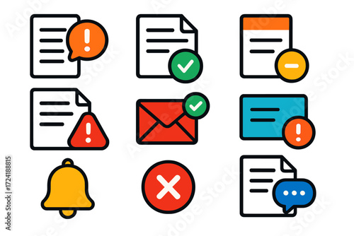 Flat Blog Icons. Flat vector icons of blog notifications: new comment alert, publish confirmation, draft saved, update alert,