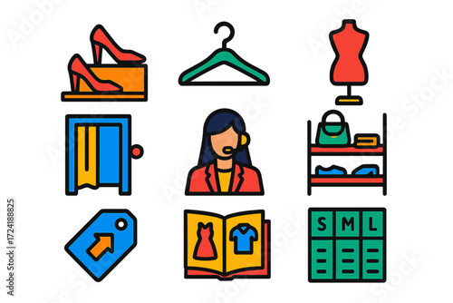 Fashion Retail Icons. Flat vector icons of fashion retail shops: shoe display, clothing hanger, fashion mannequin, changing room,
