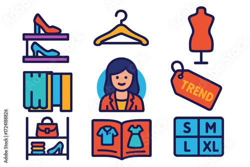 Fashion Retail Icons. Flat vector icons of fashion retail shops: shoe display, clothing hanger, fashion mannequin, changing room,