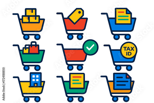 B2B Cart Icons. Flat vector icons of B2B cart features: bulk order cart, wholesale cart icon, invoice cart, business checkout icon