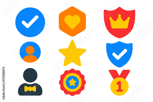 Modern Badge Icons. Flat vector icons of account badges and ranks: verified check, contributor badge, elite badge, top user icon,