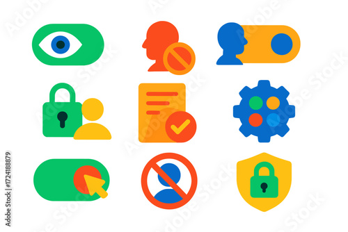 Privacy Icons Collection. Flat vector icons of account privacy settings: visibility toggle, block user icon, data sharing switch,
