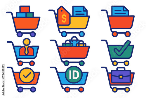 B2B Cart Icons. Flat vector icons of B2B cart features: bulk order cart, wholesale cart icon, invoice cart, business checkout icon