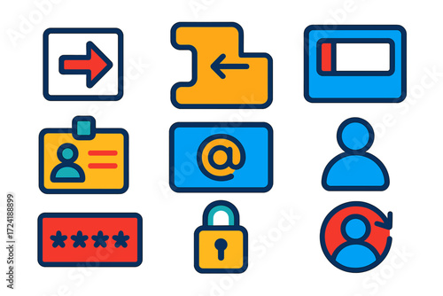 Bold Login Icons. Flat vector icons of login-related icons: login arrow, enter key, input field, username tag, email ID input,