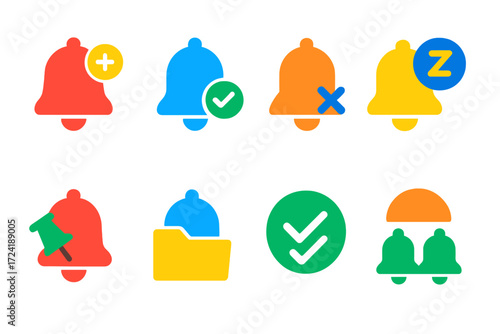 Modern Notification Icons. Flat vector icons of notification status: new notification icon, seen alert, dismissed notification,