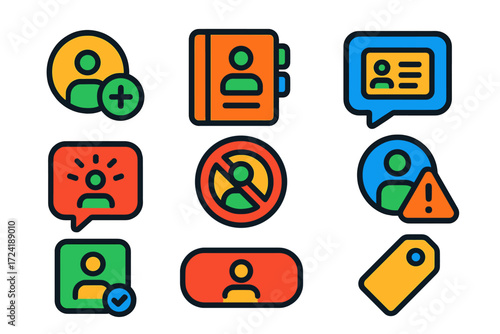 Modern Contact Icons. Flat vector icons of contact methods in messaging: add contact icon, saved contact list, contact card
