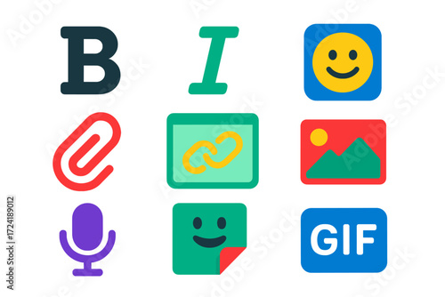 Modern Messaging Icons. Flat vector icons of message formatting: bold text icon, italic message icon, emoji selector, attachment