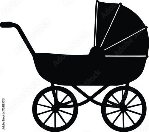 baby carriage pushchair silhouette vector, toddler buggy icon illustration
