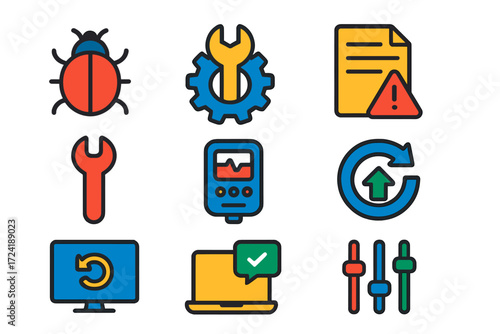 Technical Support Icons. Flat vector icons of technical support services: bug report icon, troubleshooting gear, error log sheet,
