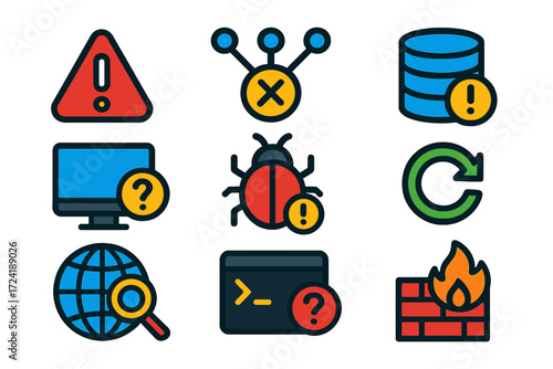 IT Support Icons. Flat vector icons of IT support icons: system alert, network issue icon, database problem icon, hardware help,