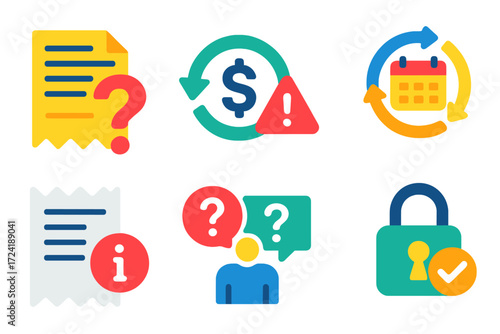 Modern Payment Icons. Flat vector icons of billing and payment FAQ: invoice question icon, refund process icon, payment failed