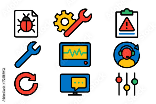 Technical Support Icons. Flat vector icons of technical support services: bug report icon, troubleshooting gear, error log sheet,