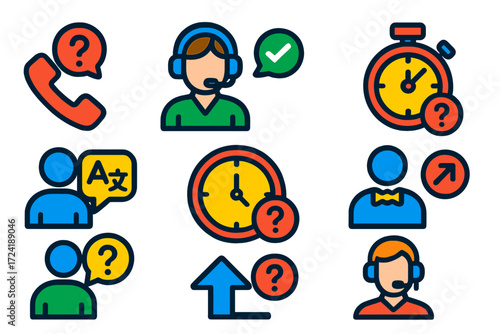 Customer Service Icons. Flat vector icons of customer service FAQ: contact options help, live support availability icon, wait time