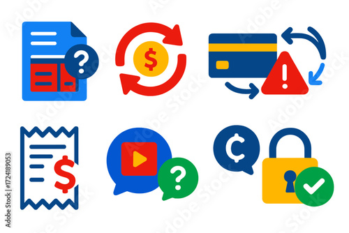 Modern Payment Icons. Flat vector icons of billing and payment FAQ: invoice question icon, refund process icon, payment failed