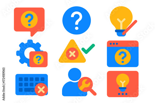 Software Help Icons. Flat vector icons of software help icons: tooltips icon, help menu icon, quick fix lightbulb, settings guide