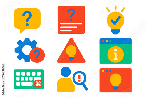 Software Help Icons. Flat vector icons of software help icons: tooltips icon, help menu icon, quick fix lightbulb, settings guide