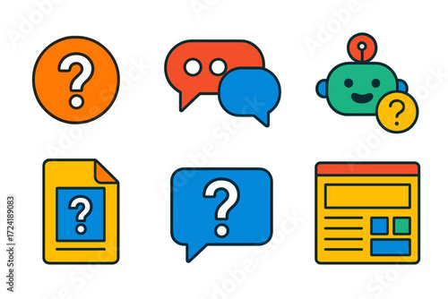 Modern Help Icons. Flat vector icons of online help features: help button icon, FAQ symbol, live chat icon, chatbot with question,