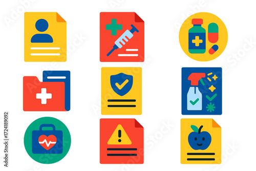 Healthcare Policy Icons. Flat vector icons of healthcare and safety policies: patient rights document, treatment guideline paper,