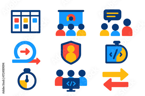 Agile Icons Set. Flat vector icons of agile and sprint teams: scrum board icon, sprint planning icon, backlog list icon, daily