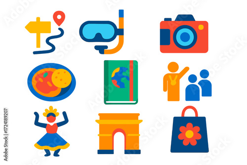 Vibrant Travel Icons. Flat vector icons of travel activities and experiences: hiking trail icon, snorkeling mask, sightseeing