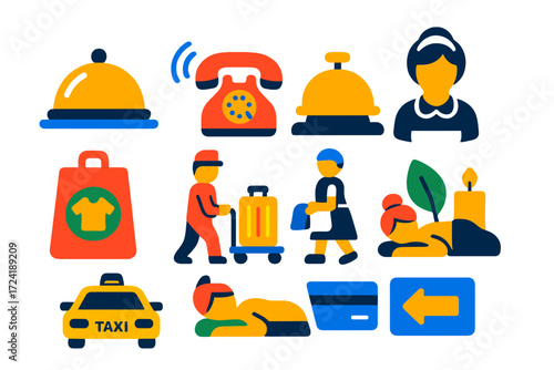 Hotel Service Icons. Flat vector icons of hotel services: room service tray, wake-up call phone, concierge bell, cleaning staff