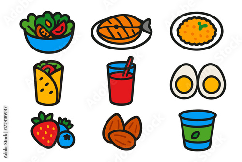 Healthy Food Icons. Flat vector icons of healthy food choices: green salad bowl, grilled fish, quinoa plate, veggie wrap, smoothie
