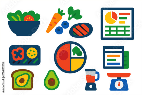 Healthy Recipe Icons. Flat vector icons of healthy recipes: salad bowl, smoothie ingredients, calorie chart, grilled vegetables,
