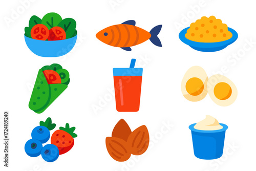 Healthy Food Icons. Flat vector icons of healthy food choices: green salad bowl, grilled fish, quinoa plate, veggie wrap, smoothie