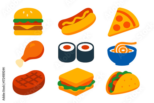 Vibrant Food Icons. Flat vector icons of common food items: hamburger with layers, hot dog with mustard, slice of pizza, grilled