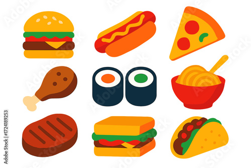 Vibrant Food Icons. Flat vector icons of common food items: hamburger with layers, hot dog with mustard, slice of pizza, grilled