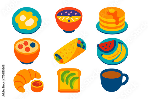 Colorful Breakfast Icons. Flat vector icons of breakfast recipes: scrambled eggs, smoothie bowl, pancakes with syrup, oatmeal