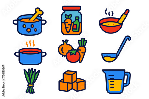 Vibrant Soup Base Icons. Flat vector icons of soup base recipes: bone broth pot, veggie broth jar, spice infusion, simmering pot,