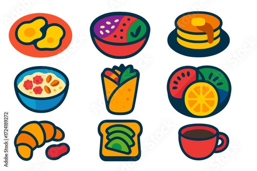 Colorful Breakfast Icons. Flat vector icons of breakfast recipes: scrambled eggs, smoothie bowl, pancakes with syrup, oatmeal