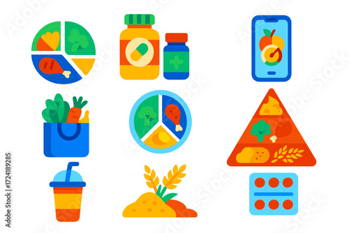 Bold Nutrition Icons. Flat vector icons of nutrition and health: balanced plate, vitamin bottles, calorie counter, healthy grocery