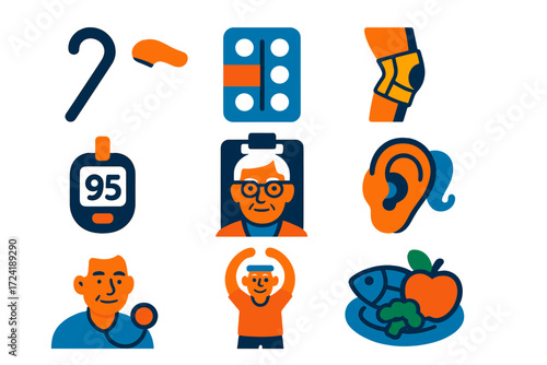 Senior Health Icons. Flat vector icons of senior health: walking cane, medication box, joint support, blood sugar monitor, vision