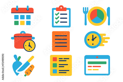 Colorful Recipe Icons. Flat vector icons of recipe planning: meal calendar, grocery list, portion chart, cooking schedule,