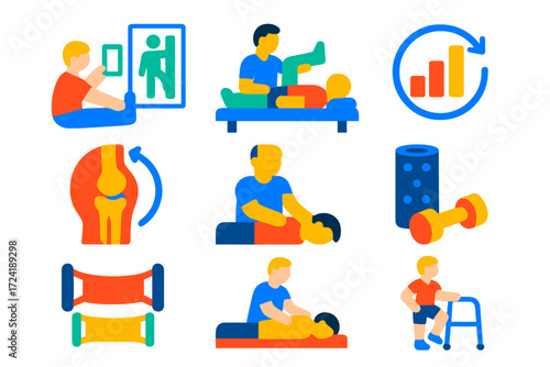 Physical Therapy Icons. Flat vector icons of physical therapy: stretching guide, therapist session, recovery progress, joint