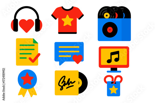 Music Fan Icons. Flat vector icons of music fan culture: headphones with heart, concert tee shirt, record collection, setlist