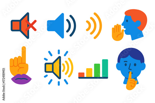 Sound and Silence Icons. Flat vector icons of sound and silence: mute icon, volume control, echo waves, whisper symbol, silence