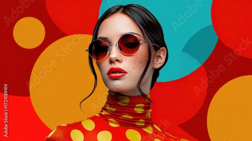 Stylish Woman in Polka Dot Fashion with Red Sunglasses against Colorful Geometric Background