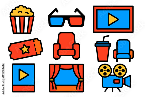 Modern Movie Icons. Flat vector icons of movie watching: popcorn bucket, 3D glasses, cinema screen, ticket stub, recliner chair,