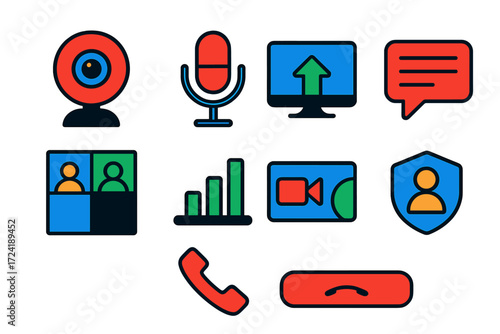 Video Call Icons. Flat vector icons of video call interfaces: webcam circle, mic toggle, screen share, chat window, participant