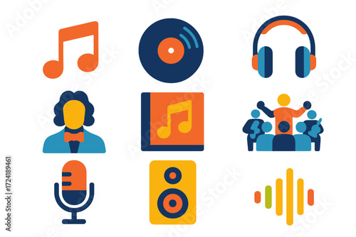 Musical Icons Collection. Flat vector icons of movie soundtracks: musical notes, vinyl record, headphones, composer icon,