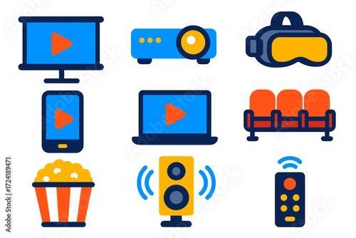 Movie Devices Icons. Flat vector icons of movie viewing devices: home theater screen, projector, VR headset, smartphone with play