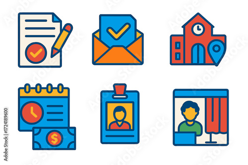 Admissions Icons Set. Flat vector icons of admissions process: application form, acceptance letter, campus tour, deadline calendar
