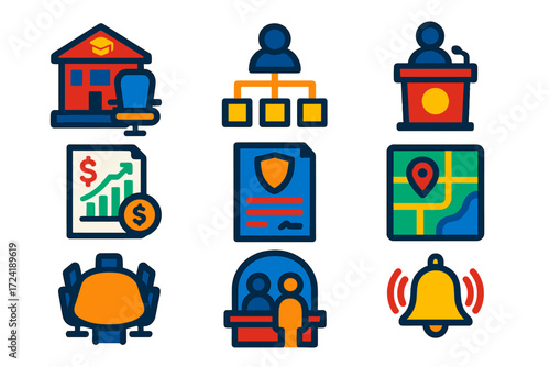 University Icons Set. Flat vector icons of university administration: president’s office, organizational chart, meeting podium,
